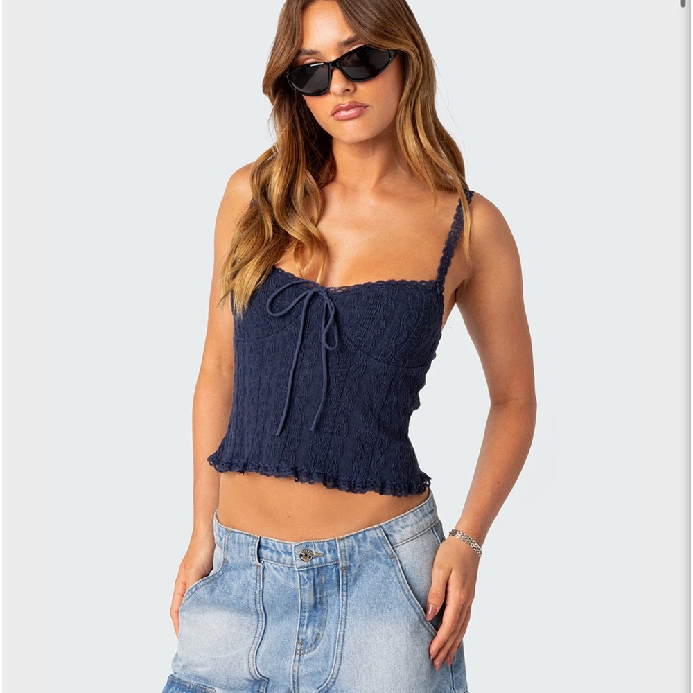 Edikted navy blue top, knitted, size small 

Lacey Knit Tank Top